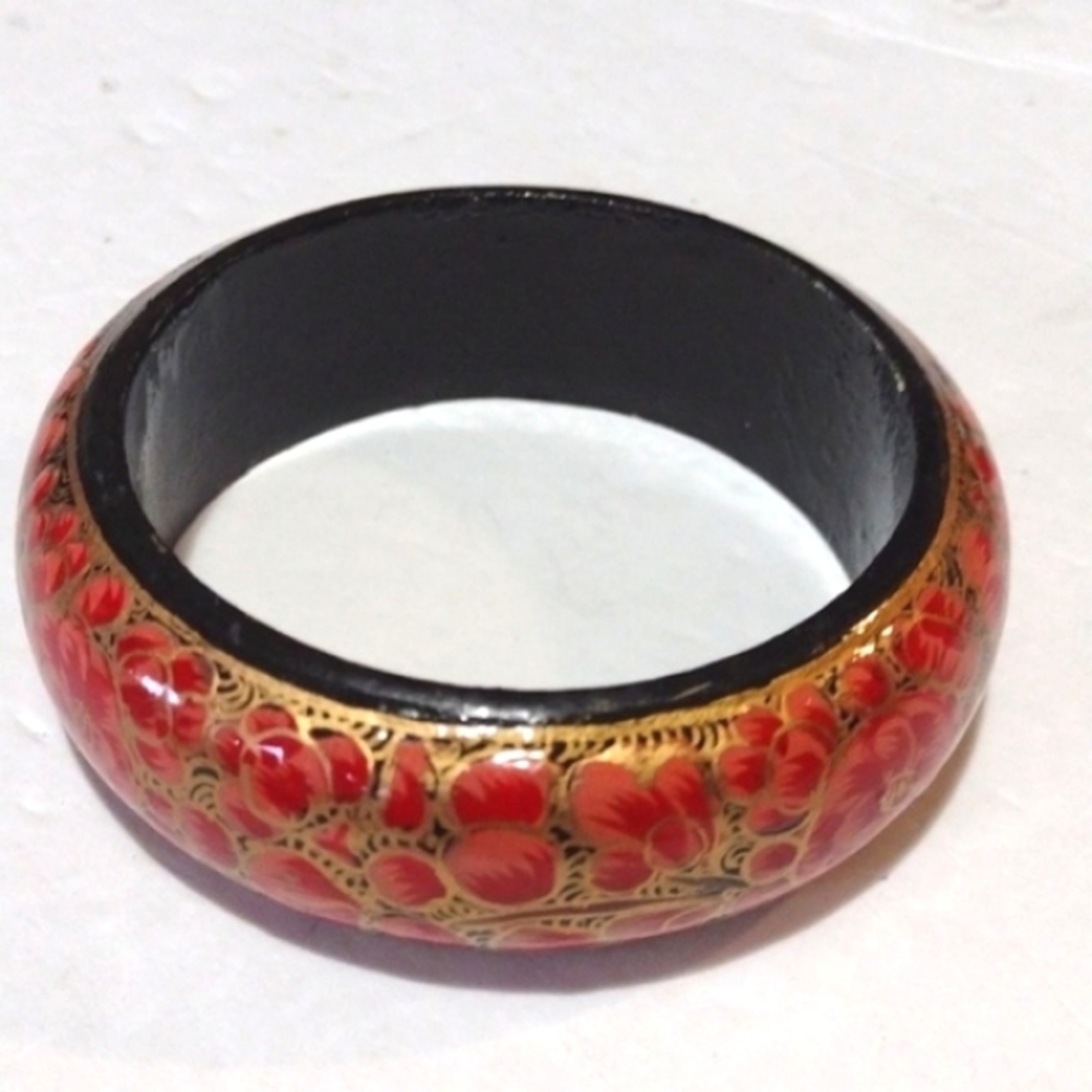 VINTAGE ETHNIC HAND PAINTED RED PINK BLACK WOODEN LACQUER 7.2" BANGLE BRACELET - Picture 4 of 10